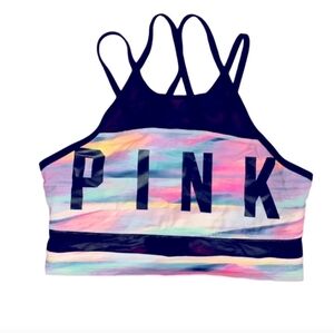 Victorias Secret PINK Ultimate High Neck Mesh Sport Bra Unlined Sunset Tie Dye L